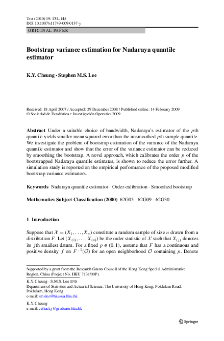 (PDF) Bootstrap variance estimation for Nadaraya quantile estimator