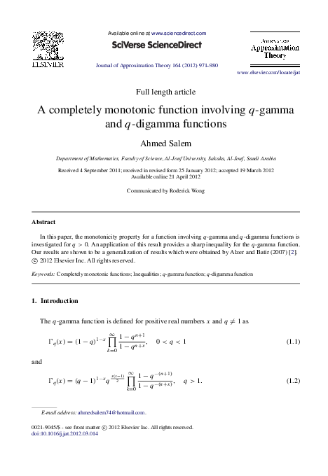(PDF) A completely monotonic function involving q-gamma and q-digamma ...
