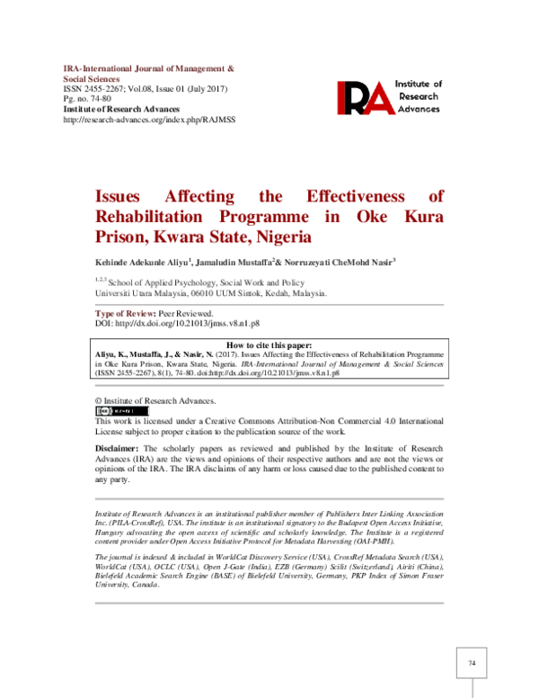 (PDF) Issues Affecting the Effectiveness of Rehabilitation Programme in ...