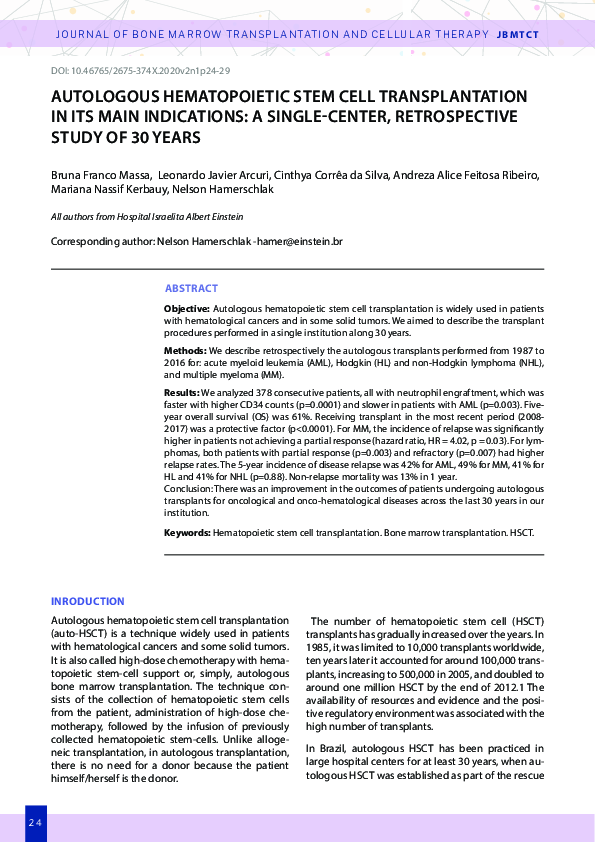 (PDF) Autologous Hematopoietic Stem Cell Transplantation in Its Main ...