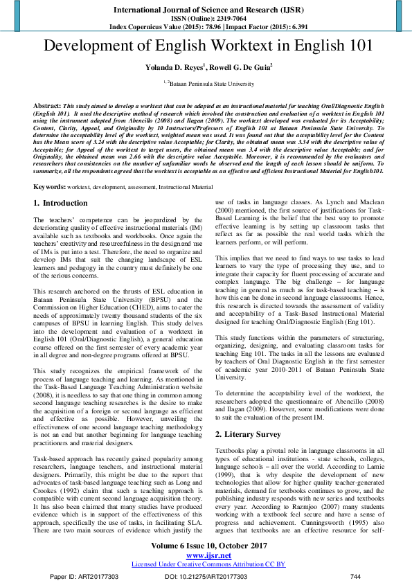 (PDF) Development of English Worktext in English 101