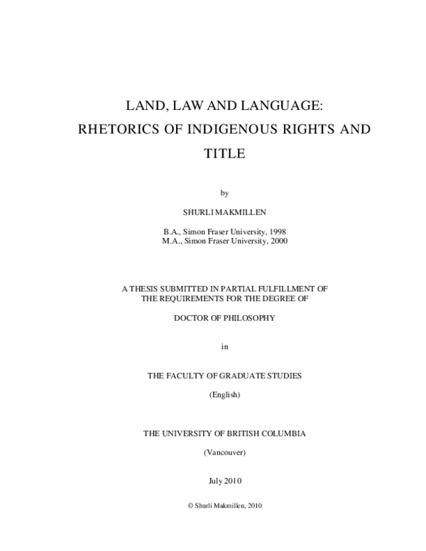(PDF) Land, law and language : rhetorics of Indigenous rights and title
