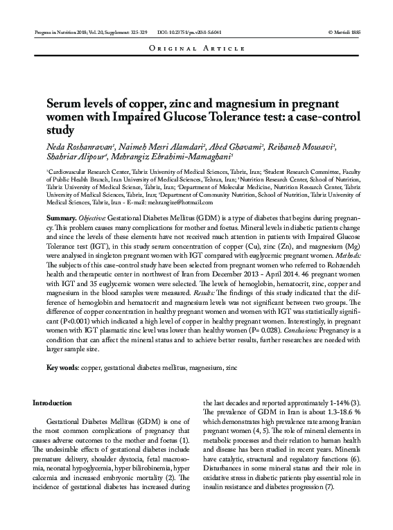 (PDF) Serum levels of copper, zinc and magnesium in pregnant women with