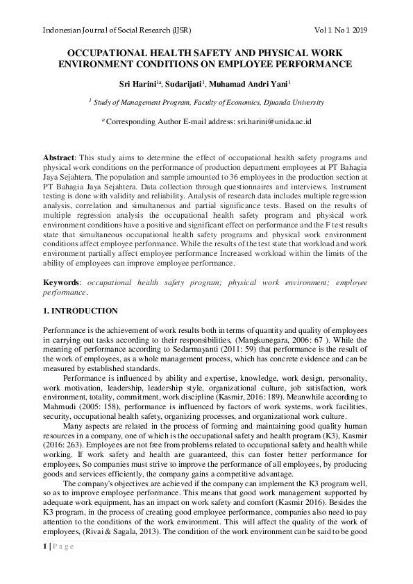 (PDF) Occupational Health Safety and Physical Work Environment