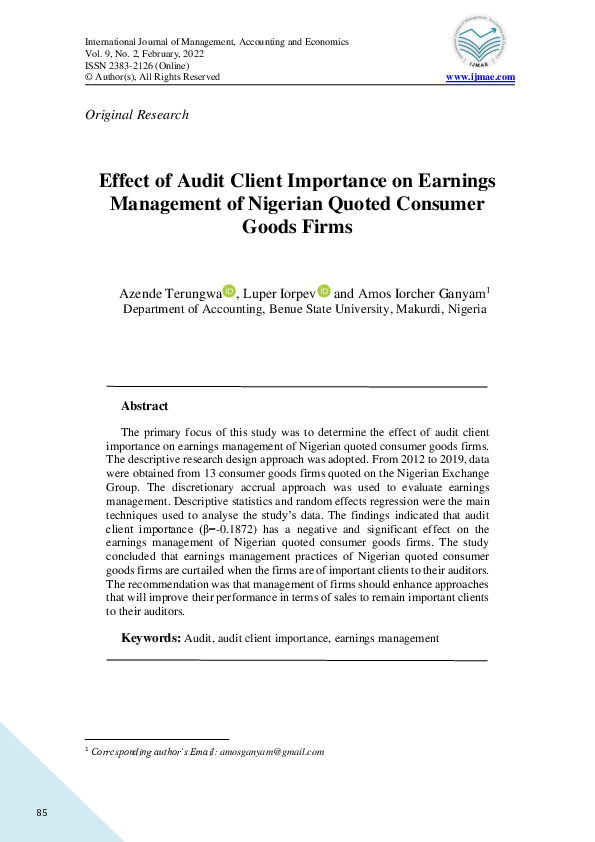 (PDF) Effect of Audit Client Importance on Earnings Management of ...