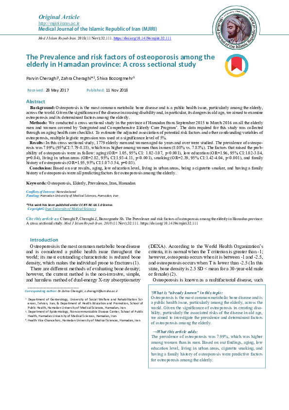 (PDF) The Prevalence and risk factors of osteoporosis among the elderly ...
