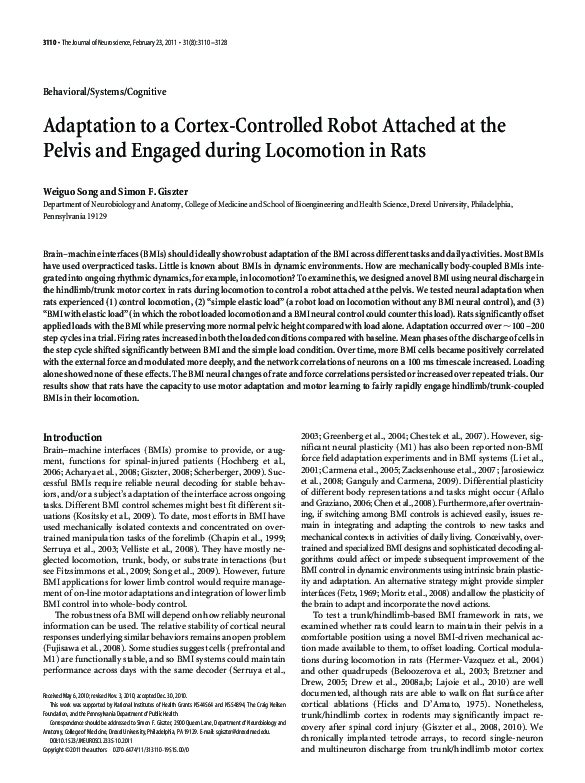(PDF) Adaptation to a Cortex-Controlled Robot Attached at the Pelvis ...
