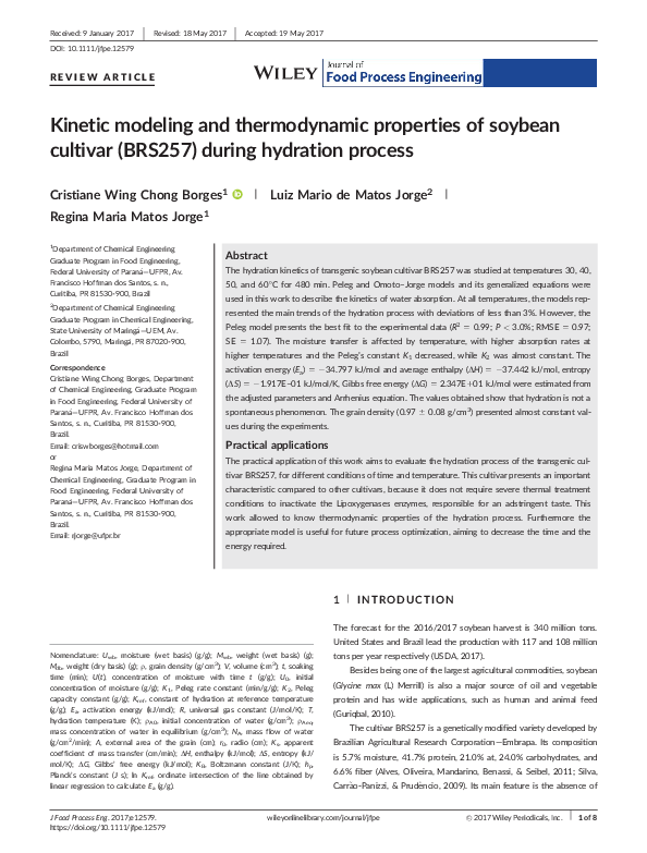 (PDF) Kinetic modeling and thermodynamic properties of soybean cultivar ...