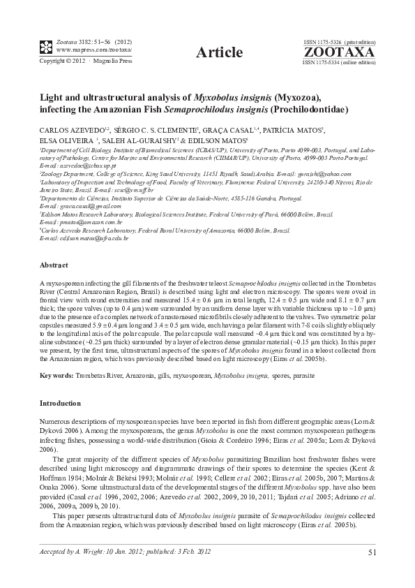 (PDF) Light and ultrastructural analysis of Myxobolus insignis (Myxozoa ...