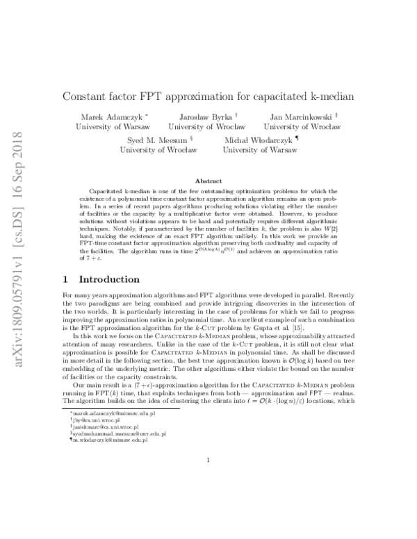 (PDF) Constant factor FPT approximation for capacitated k-median