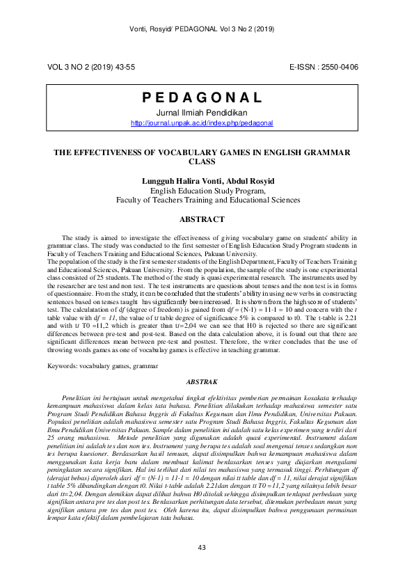 (PDF) The Effectiveness of Vocabulary Games in English Grammar Class