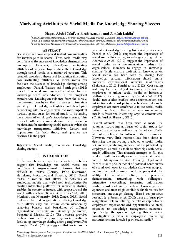 (PDF) Motivating Attributes to Social Media for Knowledge Sharing Success