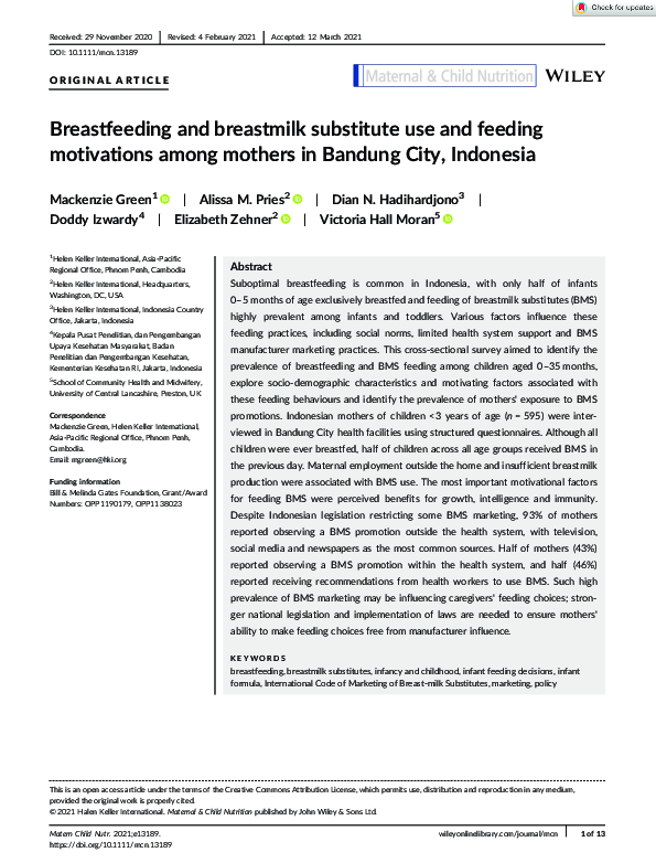(PDF) Breastfeeding and breastmilk substitute use and feeding