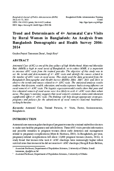 (PDF) Trend of 4+ Antenatal Care Visits by Rural Women in Bangladesh