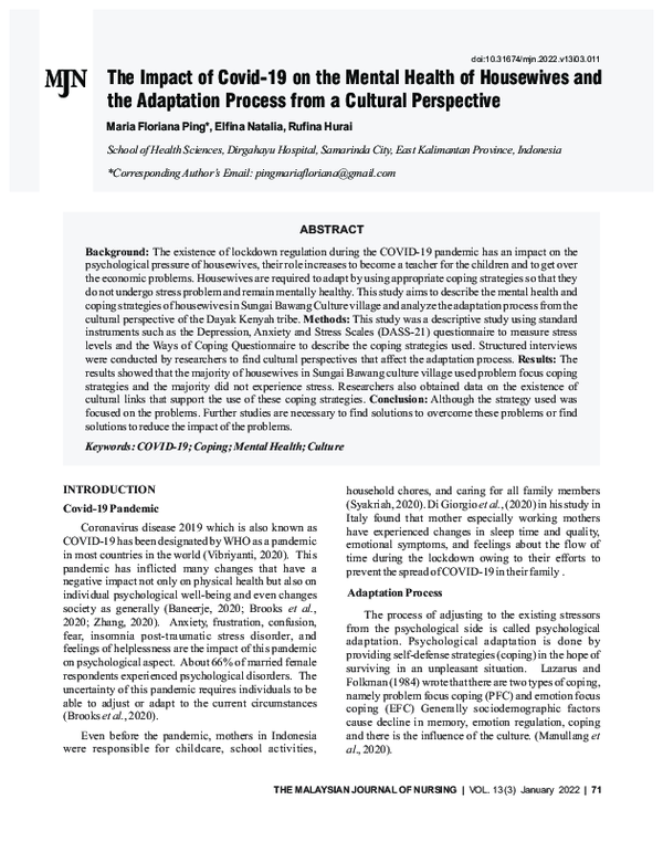 (PDF) The Impact of COVID-19 to the Mental Health of Housewives and the ...