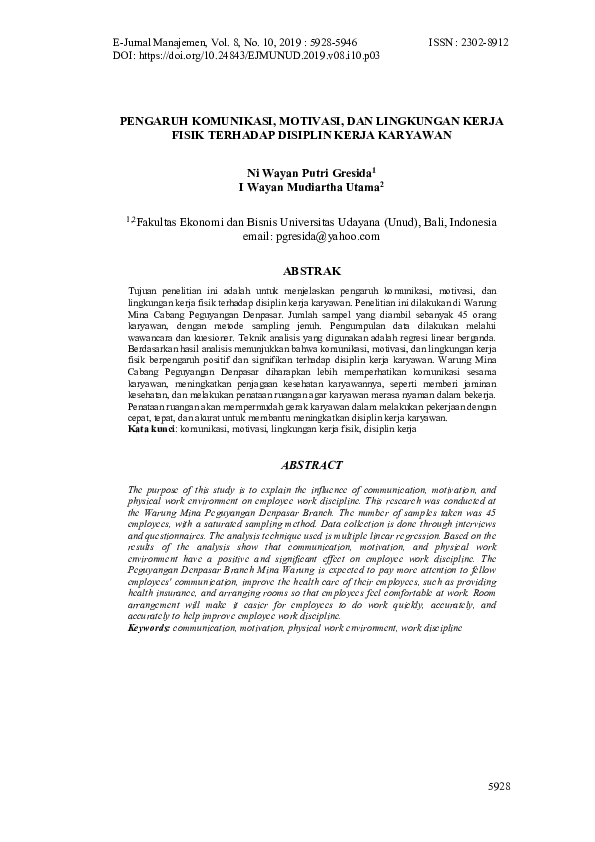 Pdf Pengaruh Komunikasi Motivasi Dan Lingkungan Kerja Fisik
