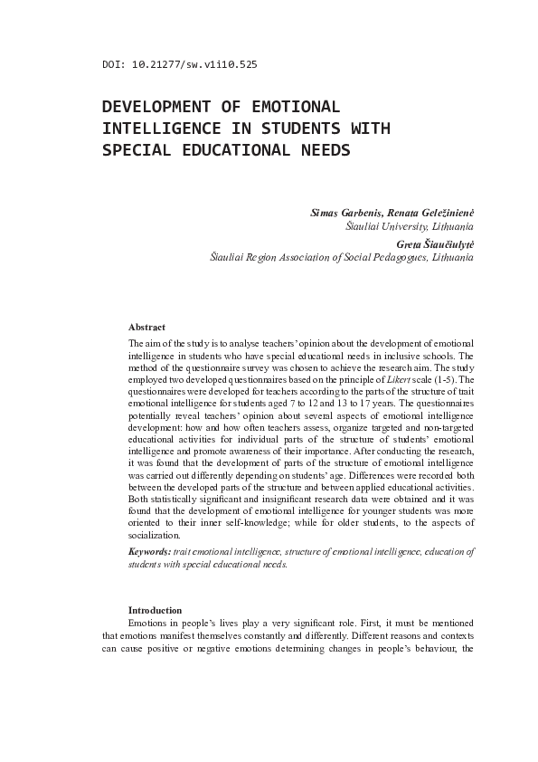 (PDF) Development of emotional intelligence in students with special ...