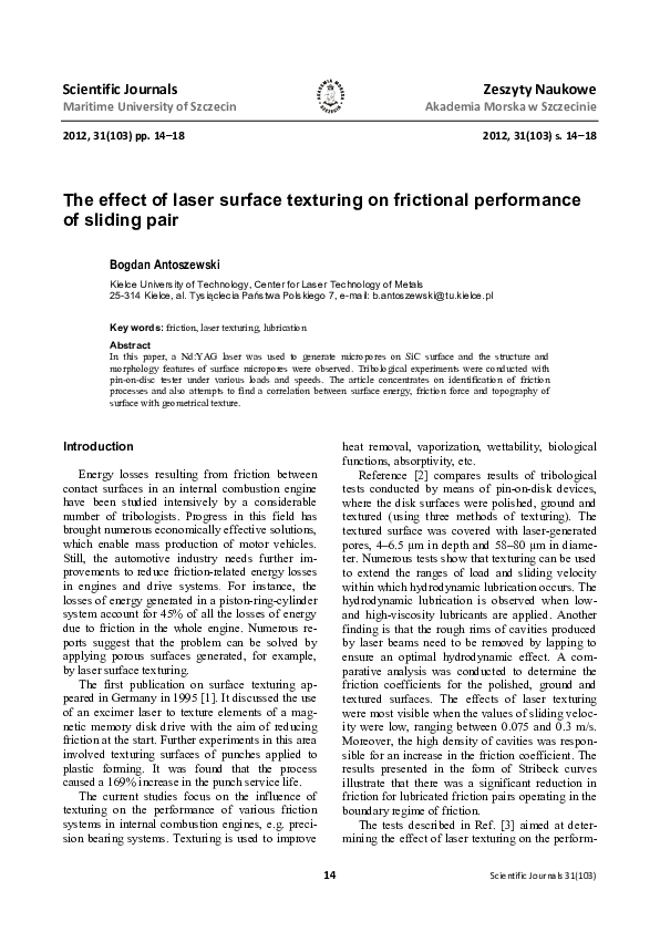 (PDF) The effect of laser surface texturing on frictional performance ...