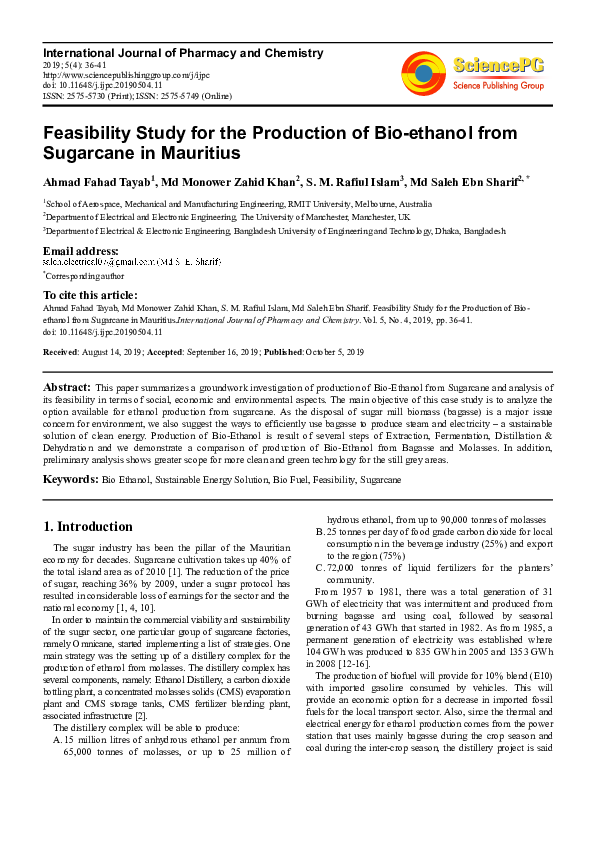 (PDF) Feasibility Study for the Production of Bio-ethanol from ...