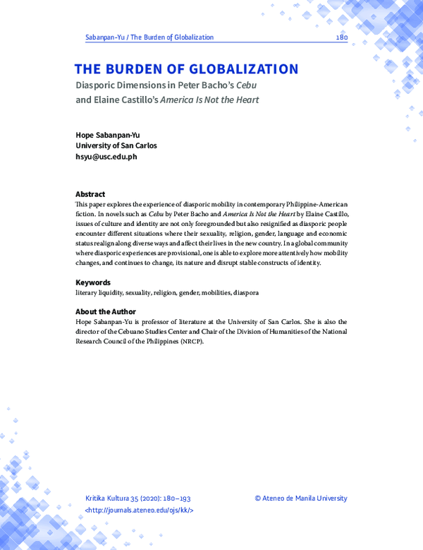 (PDF) The Burden of Globalization: Diasporic Dimensions in Peter Bacho ...