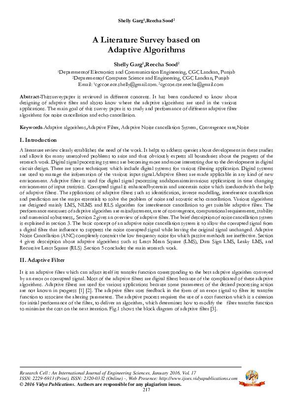  pdf a literature survey based on adaptive algorithms