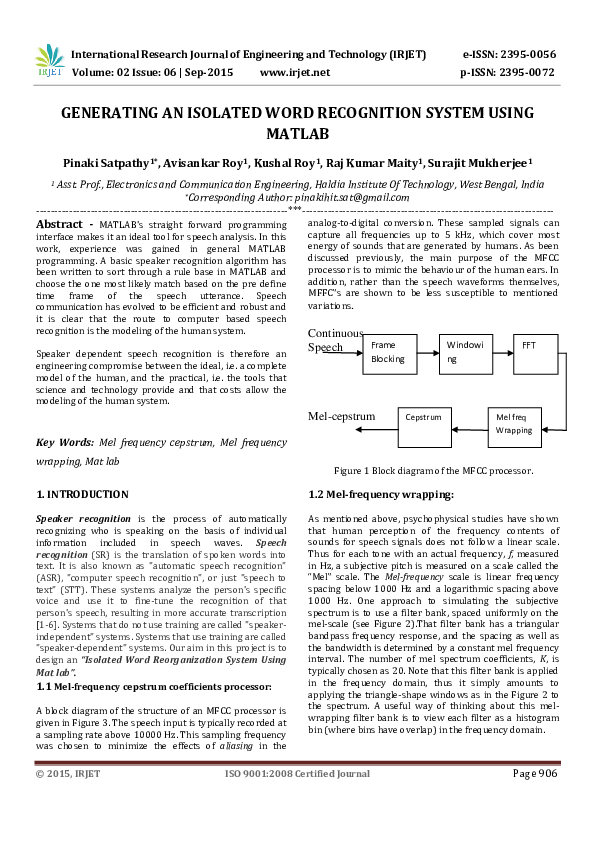 (PDF) Generating an Isolated Word Recognition System Using Matlab