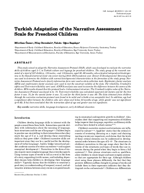 (PDF) Turkish Adaptation of the Narrative Assessment Scale for ...
