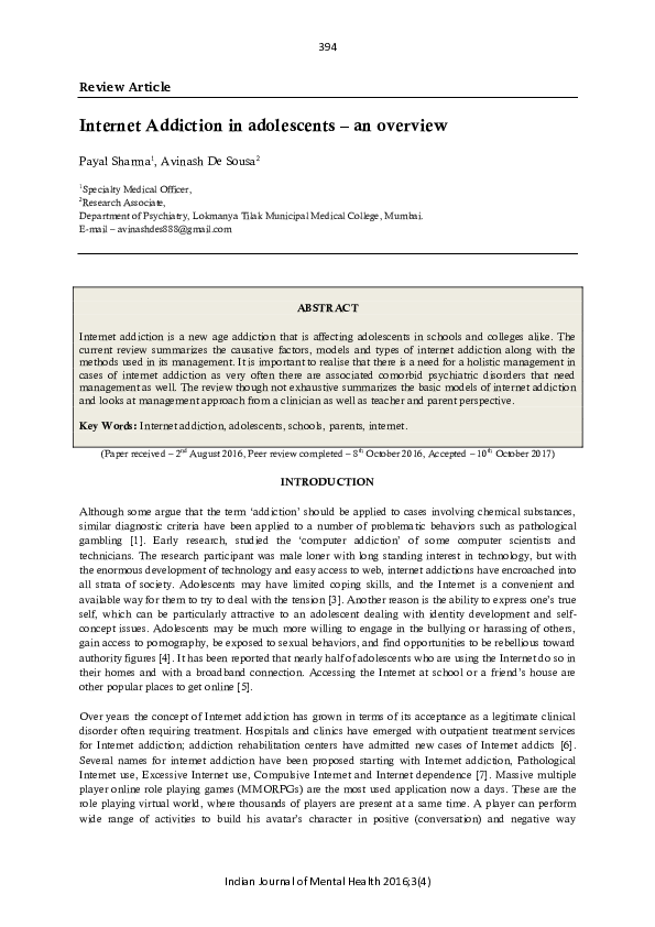 (PDF) Internet Addiction In Adolescents – An Overview