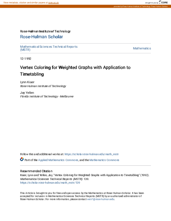(PDF) Vertex Coloring for Weighted Graphs With Application to Timetabling