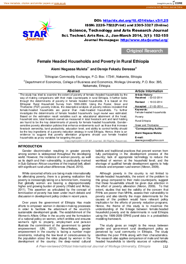 (PDF) Female Headed Households and Poverty in Rural Ethiopia