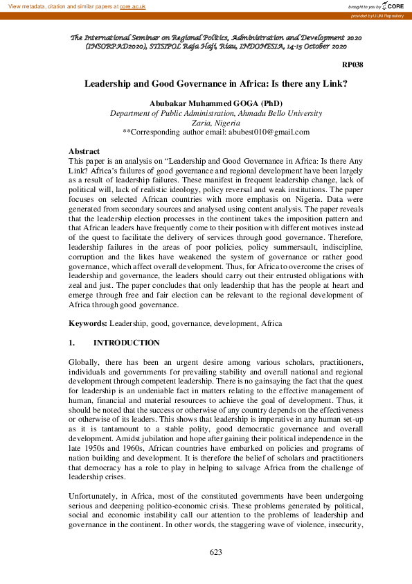 (PDF) Leadership and good governance in Africa: Is there any link?