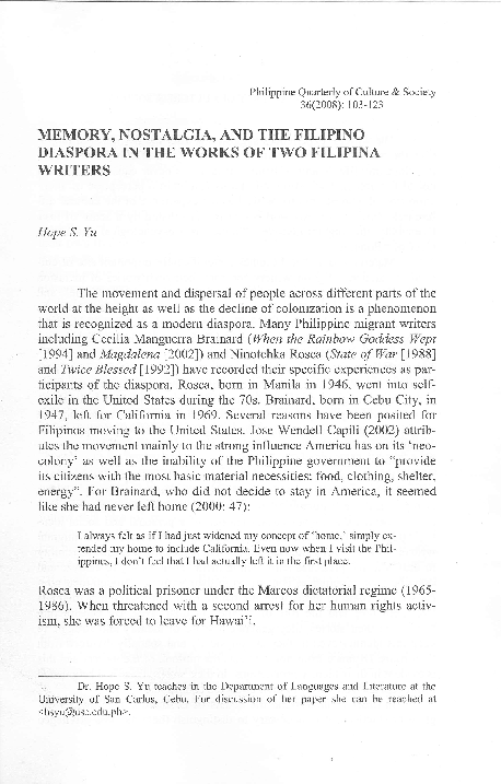 (PDF) Memory, Nostalgia, and the Filipino Diaspora in the works of Two ...
