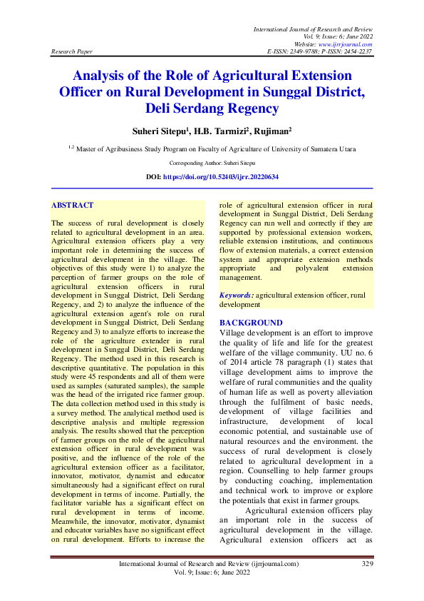 (PDF) Analysis of the Role of Agricultural Extension Officer on Rural ...
