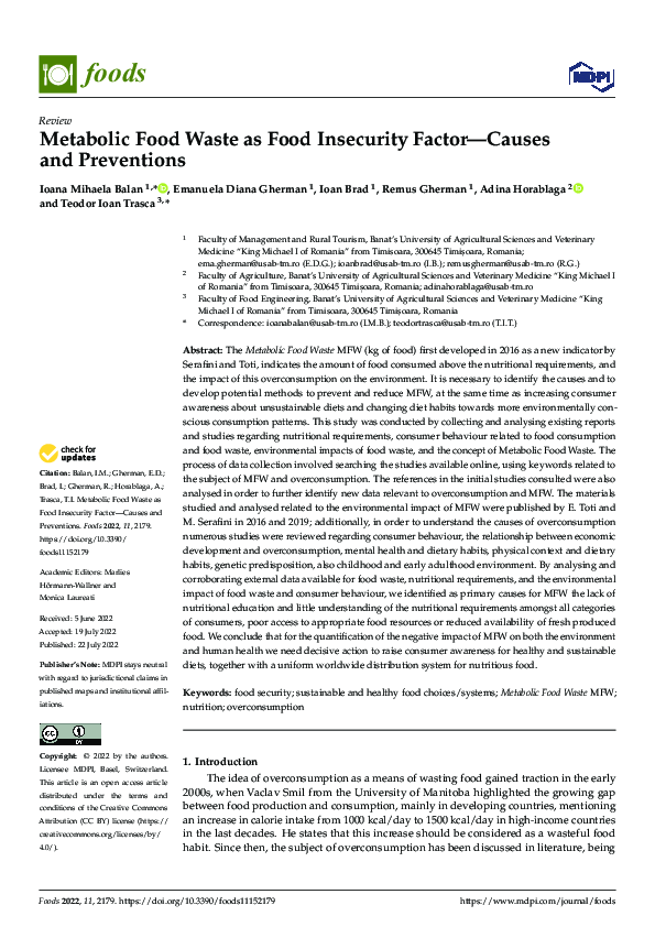 (PDF) Metabolic Food Waste as Food Insecurity Factor—Causes and Preventions