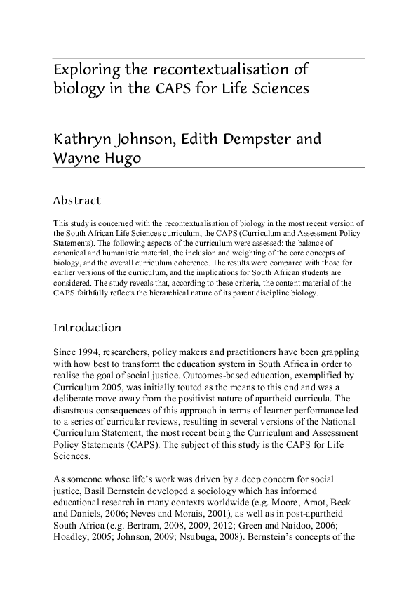 (PDF) Exploring the recontextualisation of biology in the CAPS for Life ...