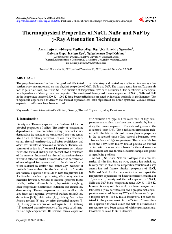 (PDF) Thermophysical Properties of NaCl, NaBr and NaF by γ -Ray ...