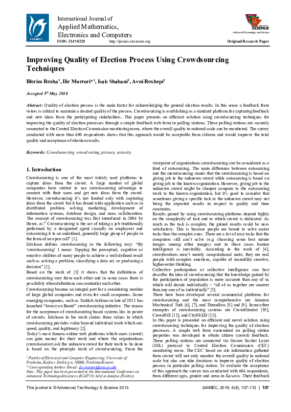 (PDF) Improving Quality of Election Process Using Crowdsourcing Techniques