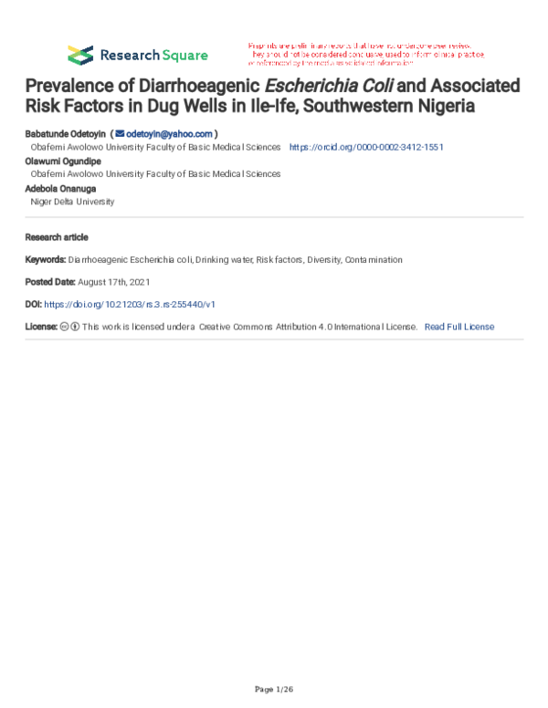 (PDF) Prevalence of Diarrhoeagenic Escherichia Coli and Associated Risk ...