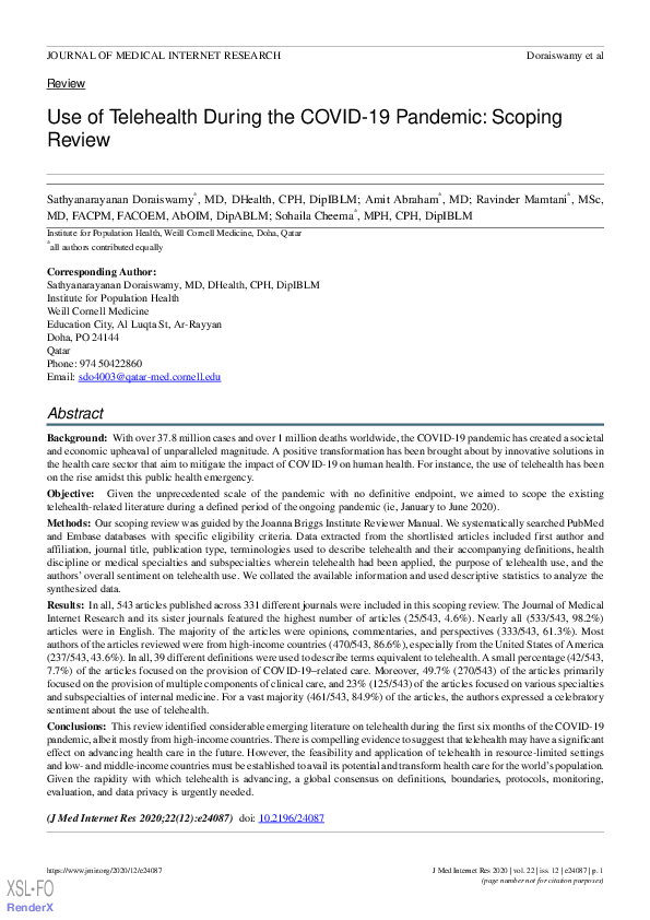 (PDF) Use of Telehealth During the COVID-19 Pandemic: Scoping Review