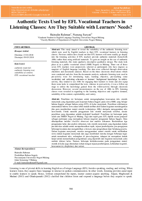 (PDF) Authentic Texts Used by EFL Vocational Teachers in Listening ...
