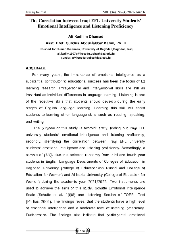 (PDF) The Correlation between Iraqi EFL University Students’ Emotional ...