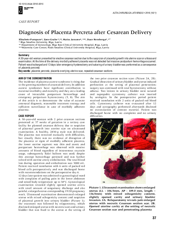(PDF) Diagnosis of Placenta Percreta after Cesarean Delivery