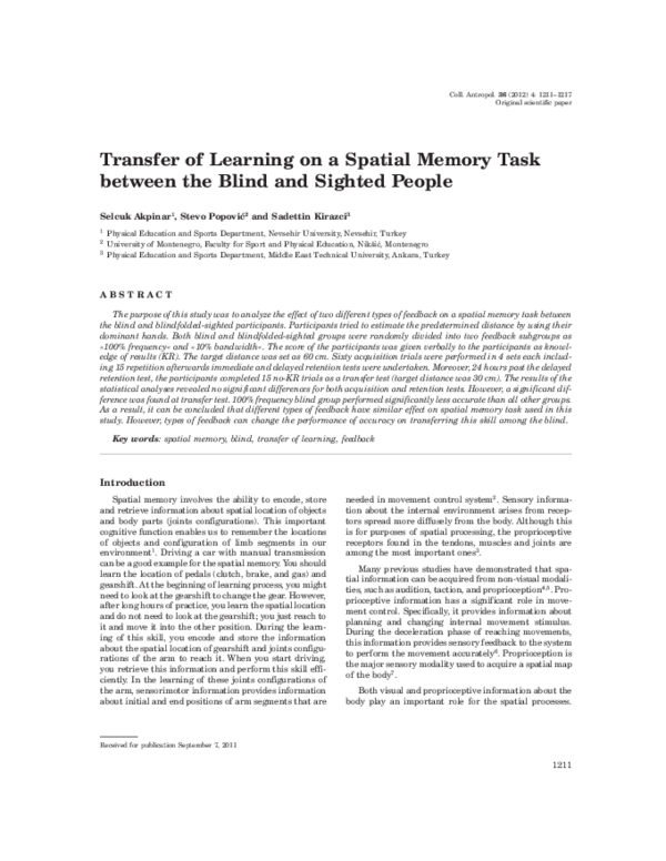 (PDF) Transfer of learning on a spatial memory task between the blind ...