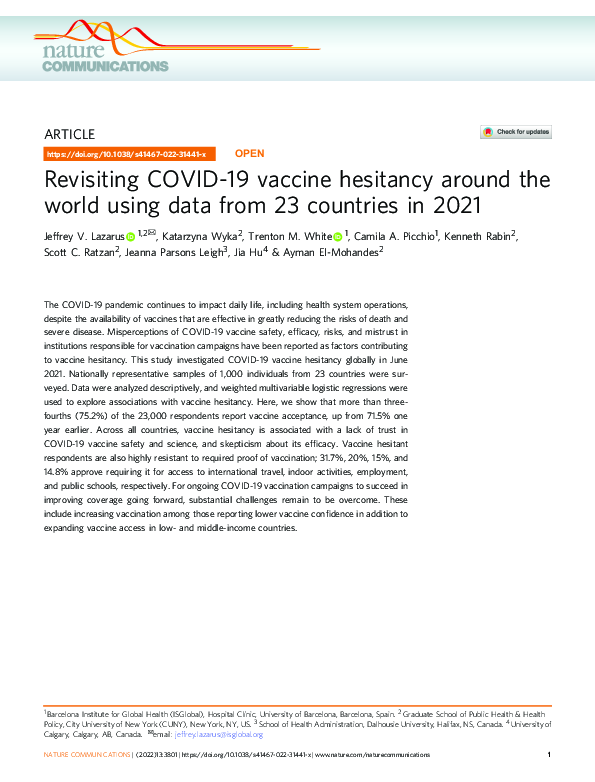(PDF) Revisiting COVID-19 vaccine hesitancy around the world using data ...