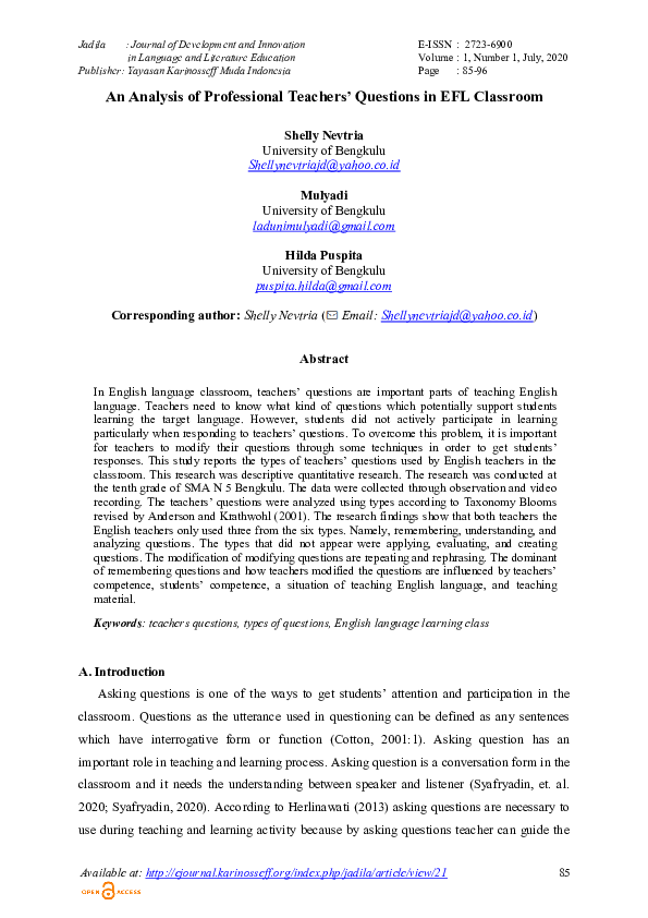 (PDF) An Analysis of Professional Teachers’ Questions in EFL Classroom