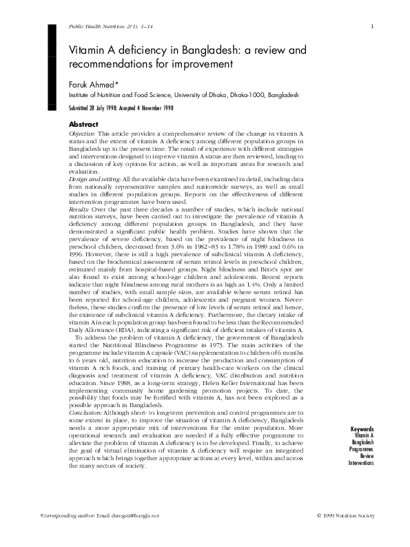 (PDF) Vitamin A deficiency in Bangladesh: a review and recommendations ...