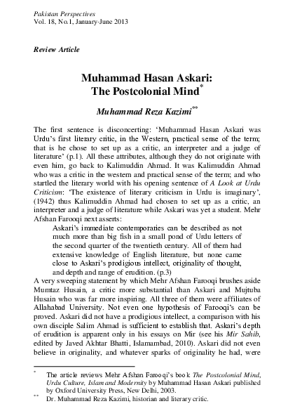 (PDF) Review Article Muhammad Hasan Askari: The Postcolonial Mind
