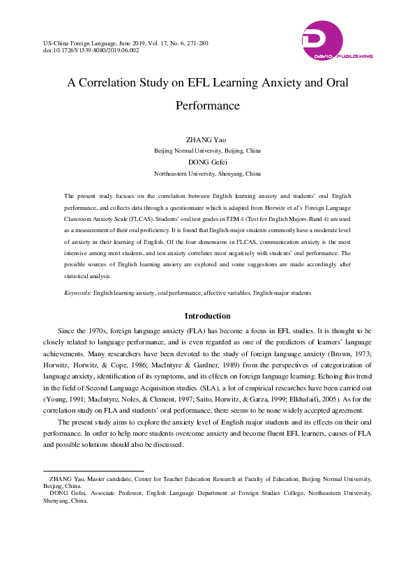 (PDF) A Study on Oral Anxiety in EFL Classrooms A Study on Oral Anxiety ...