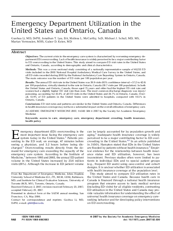 (PDF) Emergency Department Utilization in the United States and Ontario ...