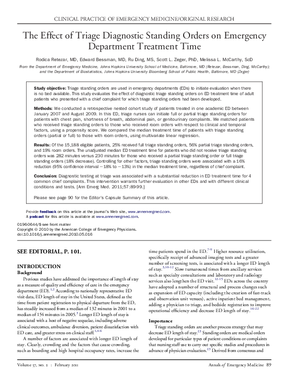 (PDF) The Effect of Triage Diagnostic Standing Orders on Emergency ...